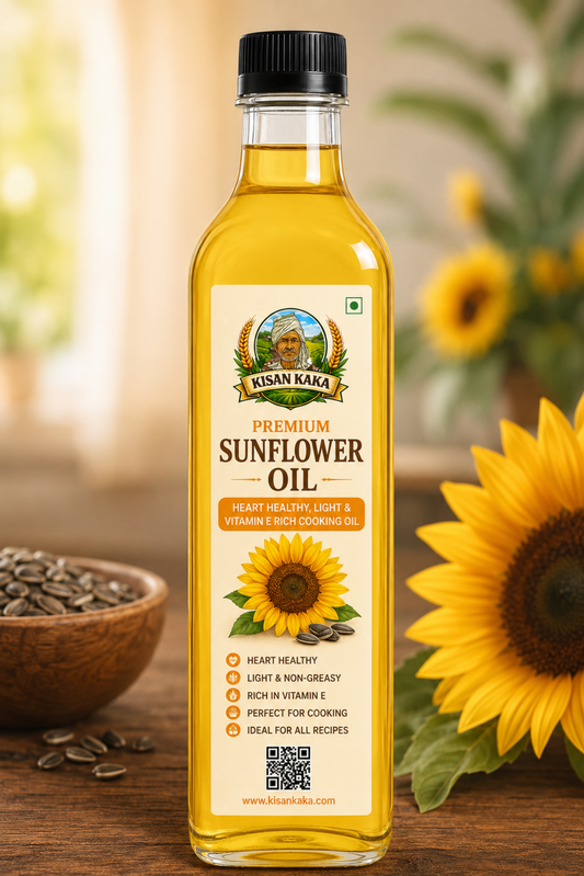 Bottle of Kisan Kaka Premium Sunflower Oil with sunflower and seeds on a wooden surface