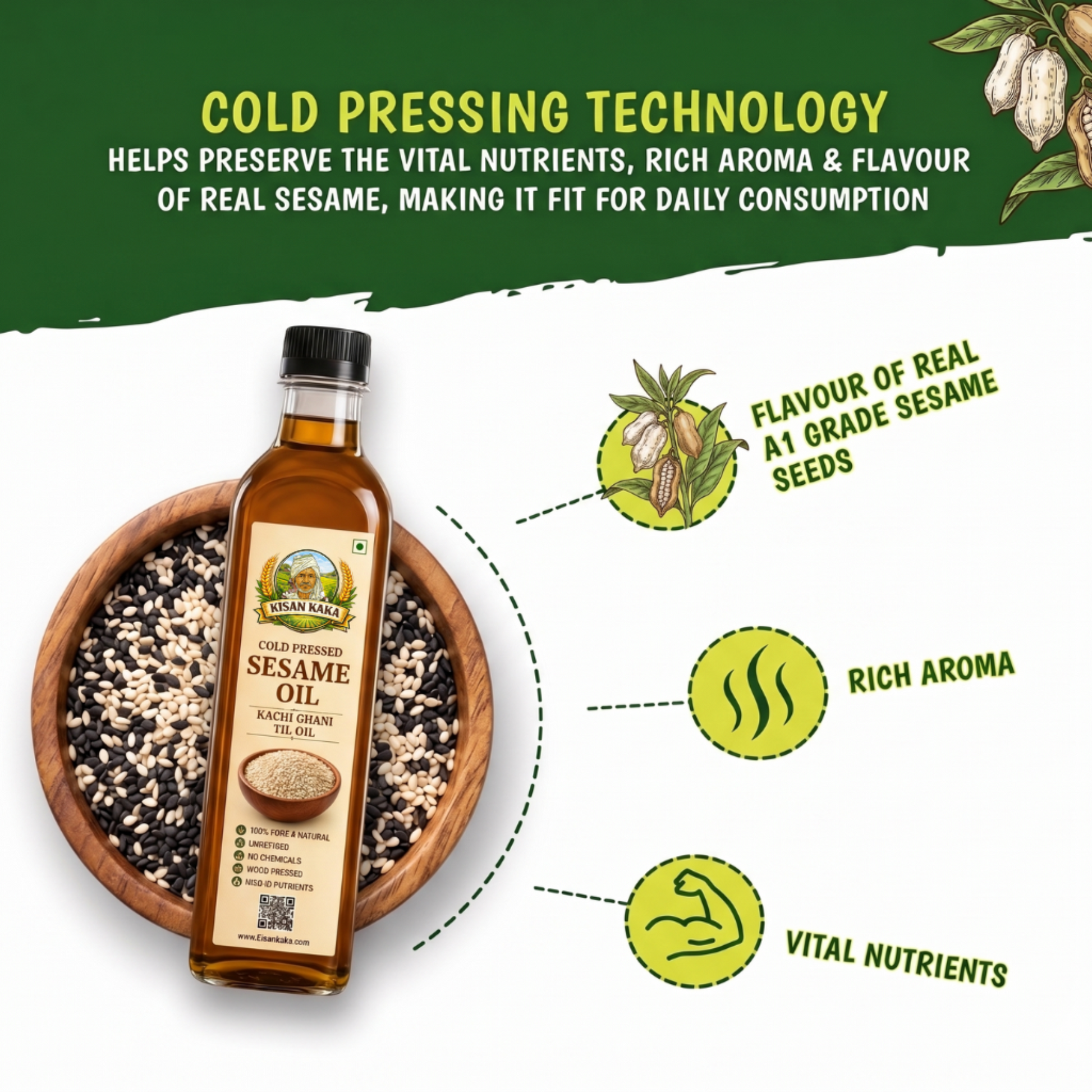 Bottle of cold pressed sesame oil with a wooden bowl of sesame seeds and text highlighting benefits.
