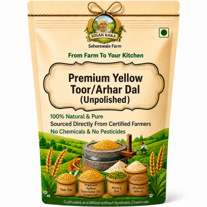 Kisan Kaka Premium Yellow Toor/Arhar Dal packaging with farm scene illustration