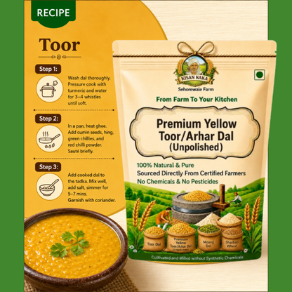 Kisan Kaka Premium Yellow Toor/Arhar Dal packaging with cooking steps on a green background
