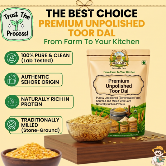 Kisan Naka Premium Unpolished Toor Dal packaging with text highlighting features on a beige background