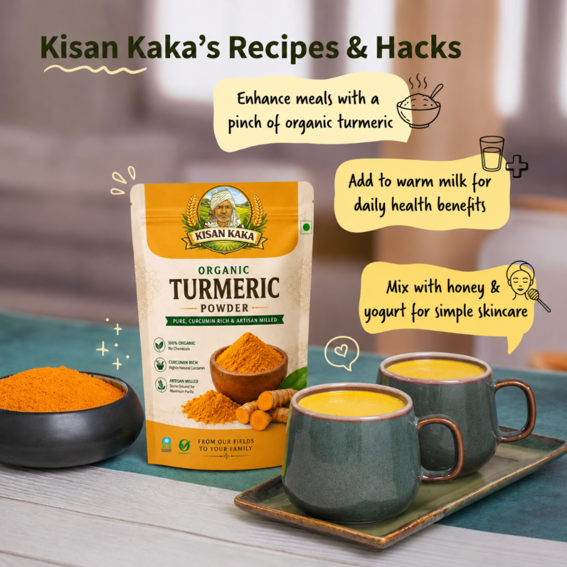 Kisan Kaka Organic Turmeric Powder packaging with turmeric powder, cups of tea, and text on a wooden surface.